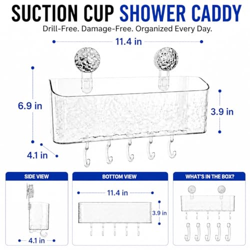 HOME&I Suction Cup Shower Caddy with Twist-to-Lock Mount, Drill-Free Bathroom Organizer for Toothbrush, Toothpaste & Razor, Self-Draining Storage Rack with 5 Hooks - size: Shower Caddy – 1 Pack