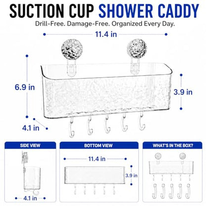 HOME&I Suction Cup Shower Caddy with Twist-to-Lock Mount, Drill-Free Bathroom Organizer for Toothbrush, Toothpaste & Razor, Self-Draining Storage Rack with 5 Hooks - size: Shower Caddy – 1 Pack