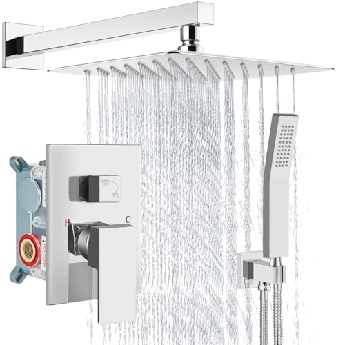 Aolemi Shower Faucet Set with Handheld Polish Chrome 12 Inch Head | Pressure Balance Shower Valve and Trim Kit,SUS304 Rain Head and Handle System,All Metal,Wall Mount,Bathroom,Handheld Spray - color: Chrome, size: 12 Inch Wall Mount Shower Head