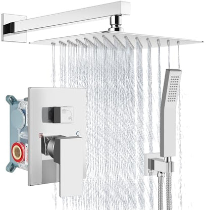 Aolemi Shower Faucet Set with Handheld Polish Chrome 12 Inch Head | Pressure Balance Shower Valve and Trim Kit,SUS304 Rain Head and Handle System,All Metal,Wall Mount,Bathroom,Handheld Spray - color: Chrome, size: 12 Inch Wall Mount Shower Head