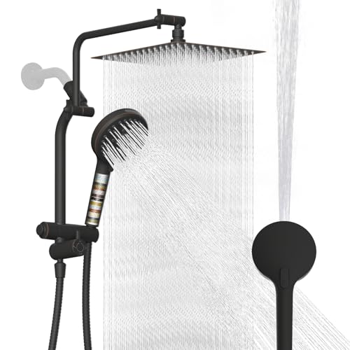 Metal 12" Rain Showerhead with 10-Spray Handheld, Easy Reach 4-way Diverter | Oil Rubbed Bronze Finish, NSF/ANSI/CAN 372 Certified, High Pressure Shower Head with Pause Mode, 71" Hose/12" Extension Arm - color: Oil Rubbed Bronze, style: Square 12"