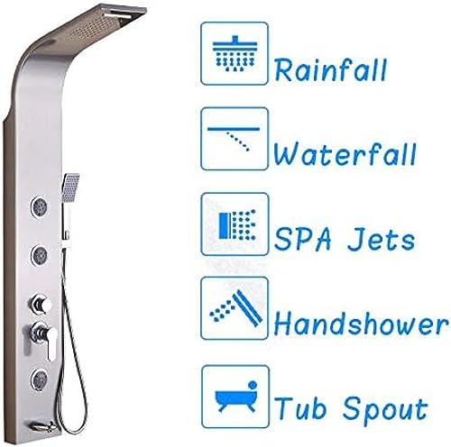 Brushed Nickel Bath Shower Panel Rainfall Waterfall Tower Shower Column with Body spa Massage Jets Spray Nozzle tub Faucet spout