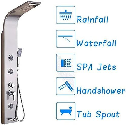 Brushed Nickel Bath Shower Panel Rainfall Waterfall Tower Shower Column with Body spa Massage Jets Spray Nozzle tub Faucet spout
