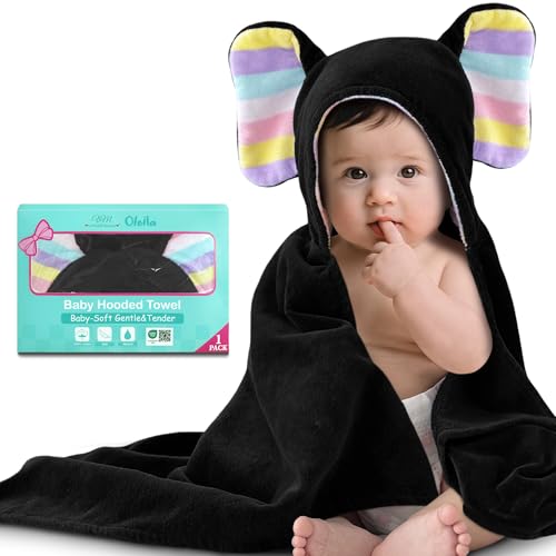 VOOVA & MOVAS Black Baby Beach Towel, Organic 100% Cotton,33"X31.5" - color: Black Elephant, size: 33 x 31.5 inches