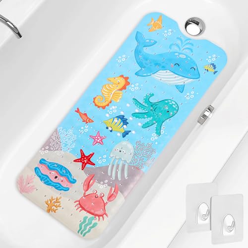 PRATIQUE Kids Bath Mat for Tub Non Slip，40 X 16 Inch Extra Long Kids Bathtub Mat Ocean Bathtub Shower Mat Safety Anti Slip with Suction Cups and Drain Holes, Machine Washable（Blue Whale） - color: Blue Whale