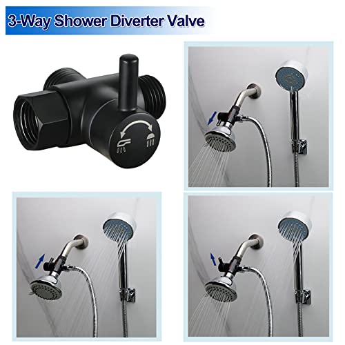 Brass Shower Arm Diverter Valve for Hand Held Showerhead and Fixed Spray Head,G 1/2 3-Way Bathroom Universal Shower System Replacement Part (Matte Black) - color: Matte Black