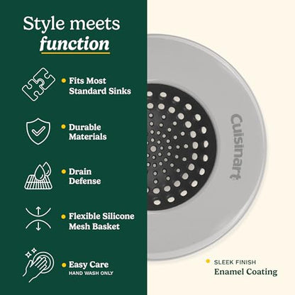 Cuisinart Stainless Steel Kitchen Sink Drain Strainer, 2-Pack, 4.35" | Fits standard 3.5in drains, silicone base and mesh, scratch-safe on steel or porcelain, enamel-coated to resist rust - color: Light Gray