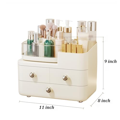 Makeup Organizer with Drawers and 360° Rotating Brush Holder,make up organizers for counter,Large Capacity Cosmetic Storage for Vanity,Skincare,Perfume