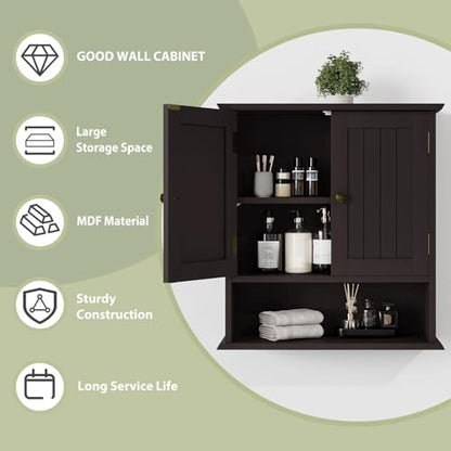 Smuxee Brown Bathroom Cabinet Wall Mounted, Small Medicine Cabinet with 2 Door Adjustable Shelves, Wall Cabinet Over Toilet for Laundry Room Kitchen - color: Brown Small