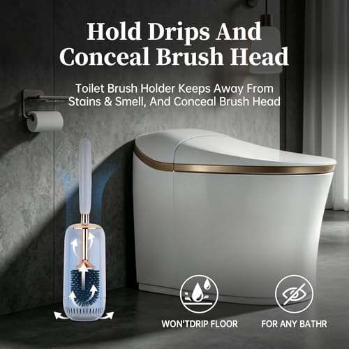 Toilet Brush and Holder Set, Toilet Bowl Brush with Long Handle, High-End Modern Silicone Toilet Brush Set, Non-Scratch Hygienic(Matte Grey + Silver, A),Father's Day - color: Matte Grey + Silver