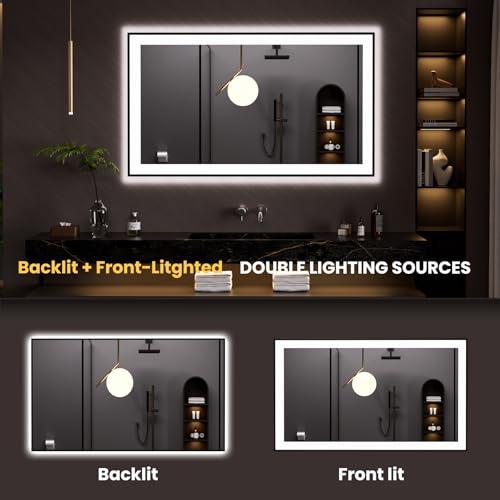 LOAAO 48"X28" LED Bathroom Mirror Black Framed | Anti-Fog, Dimmable, Memory Function, Tempered Glass, Lighted Vanity Mirror for Wall - size: 48"L x 28"W