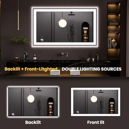 LOAAO 48"X28" LED Bathroom Mirror Black Framed | Anti-Fog, Dimmable, Memory Function, Tempered Glass, Lighted Vanity Mirror for Wall - size: 48"L x 28"W