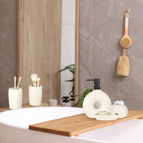 FoldTier 5 Pcs Ceramic Bathroom Accessories Set Includes Soap Dispenser Toothbrush Cup Holder Soapbox Holder Stylish Modern Bathroom Matte Glaze Decor(White)