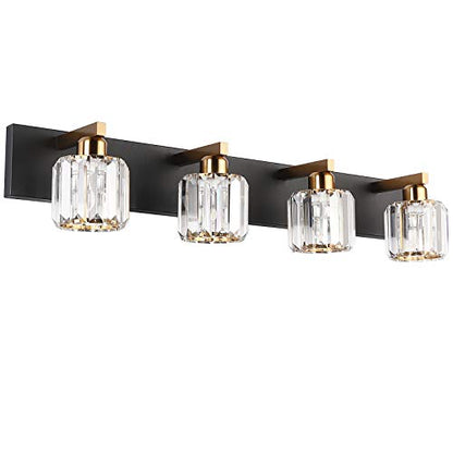 Aipsun Crystal Bathroom Vanity Lighting Black Vanity Light Fixtures Modern Vanity Light for Bathroom 4 Lights(Exclude Bulb) - color: Black Gold (Round), size: 32 inch