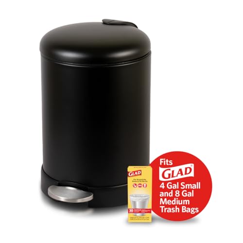 Glad Small Trash Can, 1.2 Gallon | Round Stainless Steel Garbage Bin with Soft Close Lid & Step Foot Pedal | Black Metal Waste Basket with Removable Inner Bucket, Matte Black - color: Black