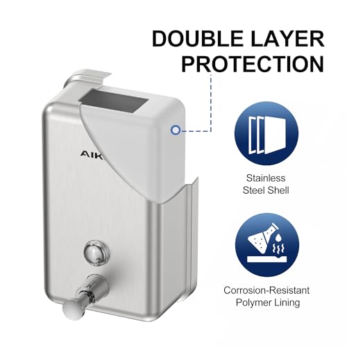 AIKE 37oz Liquid Soap Dispenser for Bathroom Easy Push,Brushed Model AK1003 | Screw Wall Mount Design for Space-Saving,Large Capacity with Safety Key for Commercial Bathroom,Stainless Steel - color: Brushed