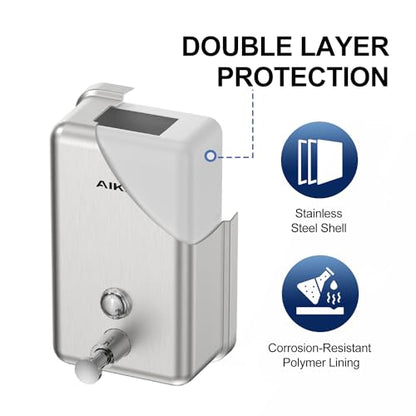 AIKE 37oz Liquid Soap Dispenser for Bathroom Easy Push,Brushed Model AK1003 | Screw Wall Mount Design for Space-Saving,Large Capacity with Safety Key for Commercial Bathroom,Stainless Steel - color: Brushed