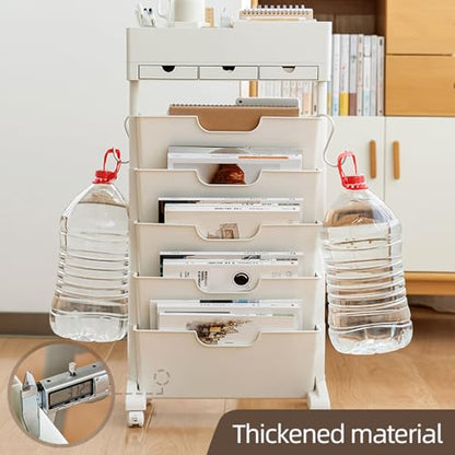 5 Tier Rolling Book Cart Multi-Functional Movable Storage Bookshelves | rolling bookshelf,Movable Storage Bookshelves with Lockable Wheels for Study Office Library Classroom, - color: Whtie