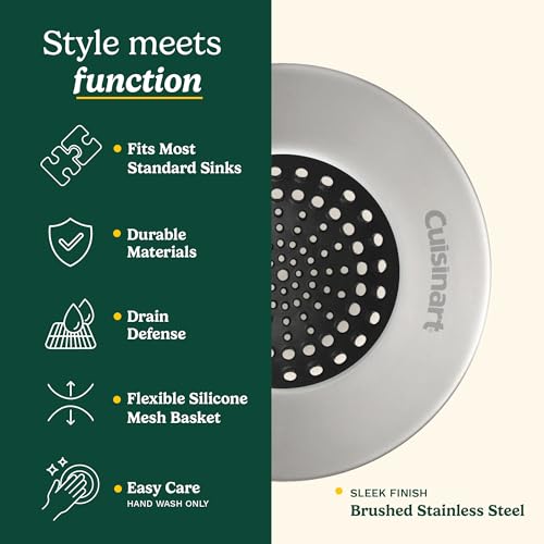 Cuisinart Sink Strainers- 2 Pack Kitchen Sink Drain Strainer & Food Catcher with Enamel-Coated Stainless Steel Rim and Silicone Base, Fits Standard 3.5" Drains, Outer Diameter 4.35", Scratch-Safe - color: Brushed Steel