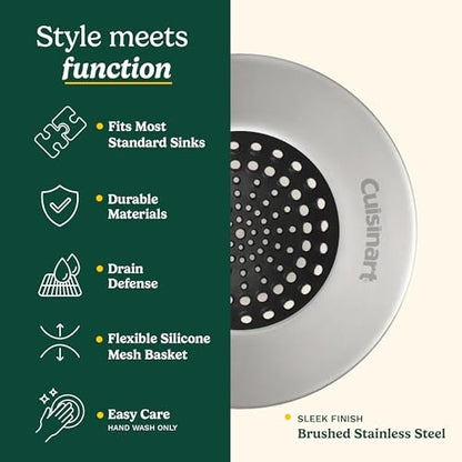 Cuisinart Sink Strainers- 2 Pack Kitchen Sink Drain Strainer & Food Catcher with Enamel-Coated Stainless Steel Rim and Silicone Base, Fits Standard 3.5" Drains, Outer Diameter 4.35", Scratch-Safe - color: Brushed Steel