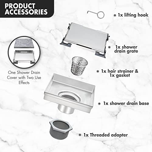 Micmi 6 Inch Shower Floor Drain with Adjustable Quadrato Pattern Grate, 304 Stainless Steel, Rubber Gasket, Hair Strainer (1 Pack, Brushed Nickel, 6 in Tiled) - size: 6 IN Tiled
