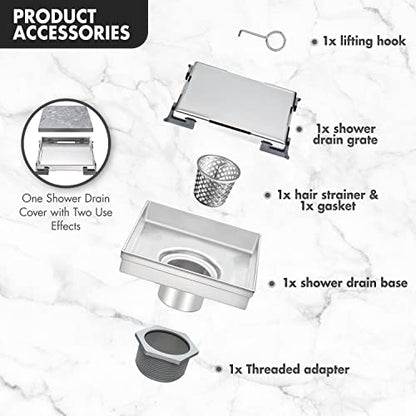 Micmi 6 Inch Shower Floor Drain with Adjustable Quadrato Pattern Grate, 304 Stainless Steel, Rubber Gasket, Hair Strainer (1 Pack, Brushed Nickel, 6 in Tiled) - size: 6 IN Tiled