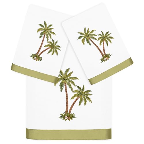 Flourish 3-Piece Towel Set, Embroidered Palm Tree Design, 100% Turkish Cotton, Super Absorbent & Luxurious, Tropical Bathroom Decor, 1 Bath 2 Hand Towels, White - color: White, size: 1 Pc Bath 2 Pcs Hand Towel