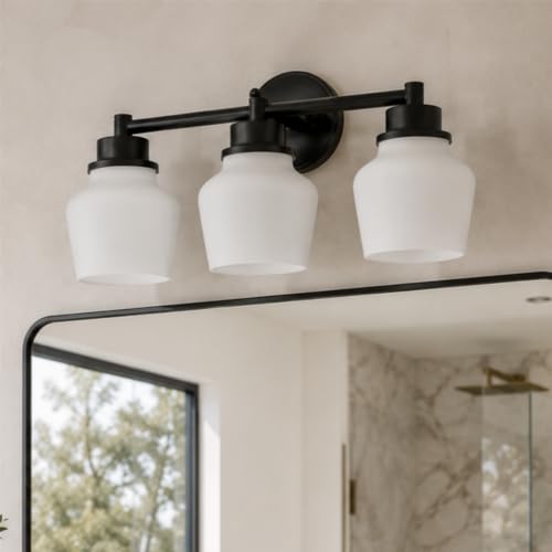 Emak Modern Black Bathroom Lighting Fixtures Over Mirror, Farmhouse 3-Light Vanity Lights with Milk Glass Shade for Bathroom, Mirror, VL122-BK-ML-3 - color: Black & White Glass, size: 3 Light