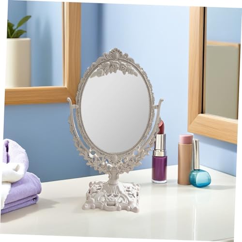 1pc Double Sided Princess Mirror Cosmetic Mirror Princess Makeup Round Stand Lighted Girl Makeup Antique Tabletop Vintage Stand Wheat Straw Beige