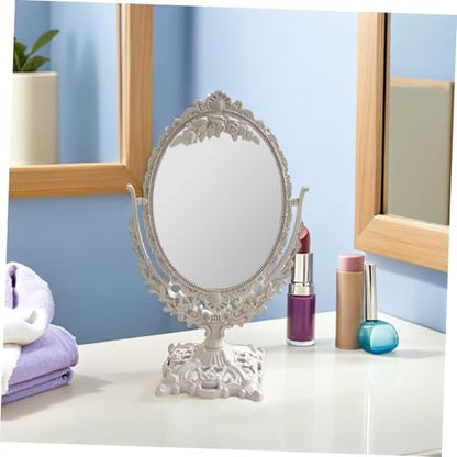 1pc Double Sided Princess Mirror Cosmetic Mirror Princess Makeup Round Stand Lighted Girl Makeup Antique Tabletop Vintage Stand Wheat Straw Beige