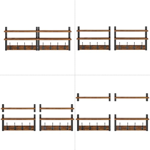 Double Shelf Coat Rack Wall Mount with 8 Hooks, Rustic Brown HWS009H-2 | Wooden Coat Hanger Key Holder Wall Mount for Coats Hats Keys - Wood Wall Mounted Coat Rack with Shelf for Entryway & Bathroom - color: Rustic Brown