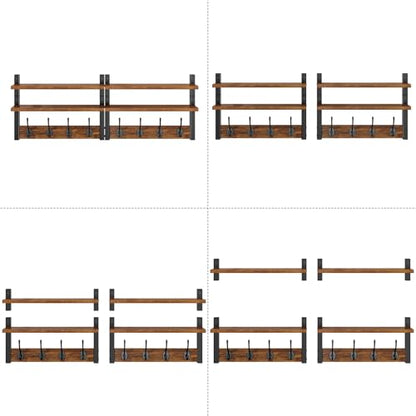Double Shelf Coat Rack Wall Mount with 8 Hooks, Rustic Brown HWS009H-2 | Wooden Coat Hanger Key Holder Wall Mount for Coats Hats Keys - Wood Wall Mounted Coat Rack with Shelf for Entryway & Bathroom - color: Rustic Brown