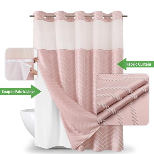 Blush Pink No Hook Shower Curtain with Snap-in Liner Set,Boho Modern Farmhouse White Tufted Chevron Striped Design,Woven Fabric Bathroom Curtain,71x74 - color: White Pink, size: 71"W x 74"L (Pack of 1)