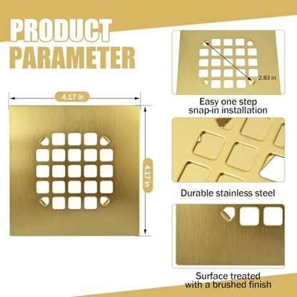 Gold Shower Drain Cover, Universal 4-1/4-inch Square Shower Drain Cover ﻿ | Snap-on Installation, Brushed Stainless Steel for Oatey Shower Drain
