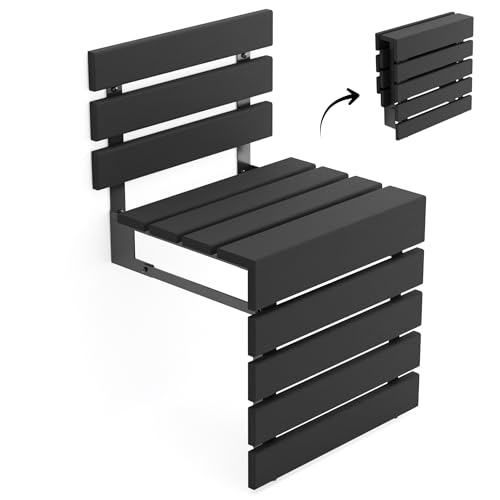 Folding Wall Mounted Teak Wood Shower Seat with Backrest, Water Resistant Foldable Bathroom Stool with Legs, Premium Materials Handmade Shoe Changing Bench, Space Saving and Super Safe Chair (Black) - color: Black