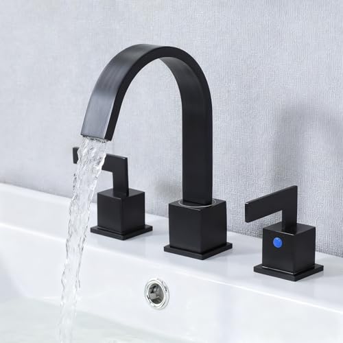 Friho Matte Black Waterfall Bathroom Faucet, 8 Inch Widespread 3 Hole Sink Faucet with 2 Handles, Pop-up Drain & Supply Lines, Stainless Steel Vanity Faucet for Bathroom - style: Thin Square