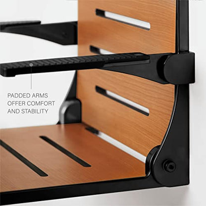 Seachrome Silhouette Comfort Folding Wall Mount Shower Bench Seat with Arms, Teak Seat with Matte Black Frame - color: Teak Seat With Matte Black Frame and Black Arm Pads