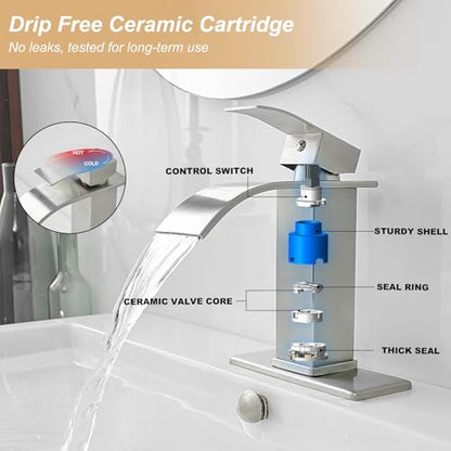 Bathroom Sink Faucet Waterfall Single Handle with Deck Plate | Brushed Nickel,Pop Up Drain,Single Hole,Precise Water Adjustment,Rust-resistant Construction,Easy to Clean,Long-lasting Use - color: Brushed Nickel, size: Modern Bathroom Sink Faucet