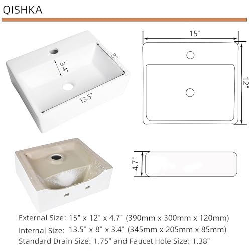 Wall Mounted Bathroom Vessel Sink, QISHKA 15" X 12" Rectangular Floating Ceramic Wash Hand Basin White Wall Hung Vanity Sink for Bathroom and Cloakroom - size: 15" x 12" x 4.7"