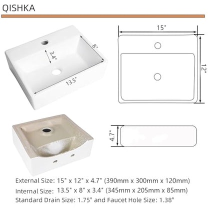 Wall Mounted Bathroom Vessel Sink, QISHKA 15" X 12" Rectangular Floating Ceramic Wash Hand Basin White Wall Hung Vanity Sink for Bathroom and Cloakroom - size: 15" x 12" x 4.7"