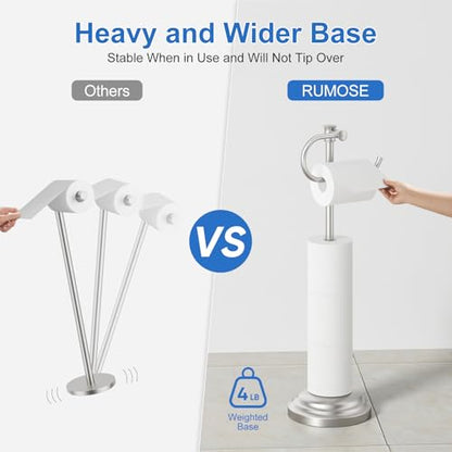 RUMOSE Toilet Paper Holder Stand for Floor, Brushed Nickel | Bathroom Free Standing Toilet Tissue Roll Holder with Storage, Adjustable 17-25 Inch, Rustproof, SUS304 Stainless Steel - color: Brushed Nickel
