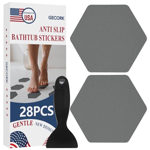 Gecork 28 PCS Shower Floor Non Slip Stickers with Strong Adhesive, Invisible & Durable Anti Slip Shower Stickers with Scraper for Bath Tub, Pools and Stairs, Grey, Hexagonal - color: Grey