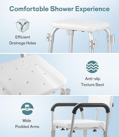 Heavy Duty Shower Chair for Elderly & Disabled with Padded Armrests & Back | Tool-free assembly adjustable height shower seat for inside shower. Provides secure, comfortable support for handicap adults