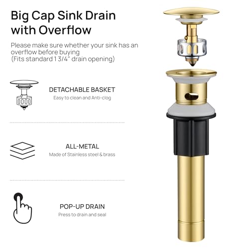 Bathroom Faucet 1 Hole with Metal Pop-up Drain - Brushed Gold | Single Handle Bathroom Sink Faucet with Supply Lines and Deck, Modern Waterfall Bathroom Faucets, G-7001BG - color: Gold