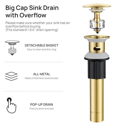 Bathroom Faucet 1 Hole with Metal Pop-up Drain - Brushed Gold | Single Handle Bathroom Sink Faucet with Supply Lines and Deck, Modern Waterfall Bathroom Faucets, G-7001BG - color: Gold