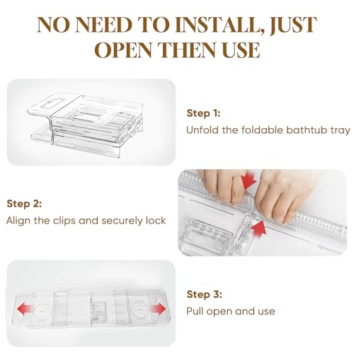 Expandable Clear Acrylic Bathtub Tray Caddy, Foldable Tub Bath Tray with Drain Slots, Slip-Resistant Waterproof Bathroom Shelf Caddy & Home Spa Gift for Women