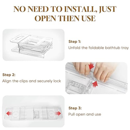 Expandable Clear Acrylic Bathtub Tray Caddy, Foldable Tub Bath Tray with Drain Slots, Slip-Resistant Waterproof Bathroom Shelf Caddy & Home Spa Gift for Women