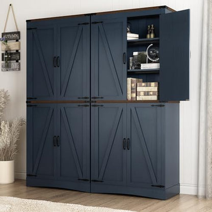 Hlivelood 71" Tall Kitchen Pantry,Farmhouse Storage Cabinet with Adjustable Shelves,Load-Bearing Steel Pipe,Farmhouse Pantry Cabinet with 4 Barn Doors,for Kitchen,Dining Room,Living Room(Blue) - color: Blue