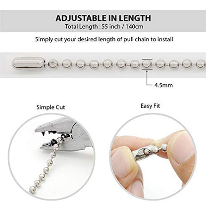 Stainless Steel Shower Curtain Hooks, 55 Inch Ball Chain Design, 12 Pack Rust-Resistant Metal Curtain Rings for Bathroom Rods, Heavy Duty 4.5mm Shower Curtain Hangers - color: Stainless Steel