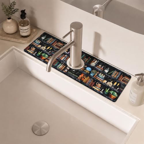 Halloween Kitchen Sink Splash Guard Faucet Mat,Black Witches Bookshelf Skulls Halloween Faucet Non-slip Absorbent Mat,Farmhouse Sink Splash Guard Behind Faucet for Kitchen Bathroom,15"x5.5" - color: Drying Faucet Mat 16